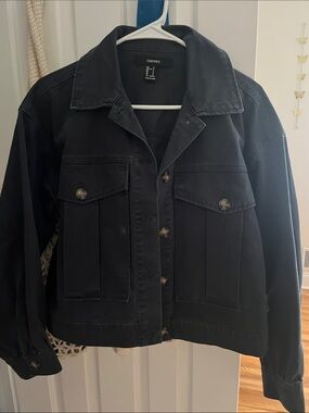 Forever 21 Black Cotton Jean Jacket with Chest Pockets